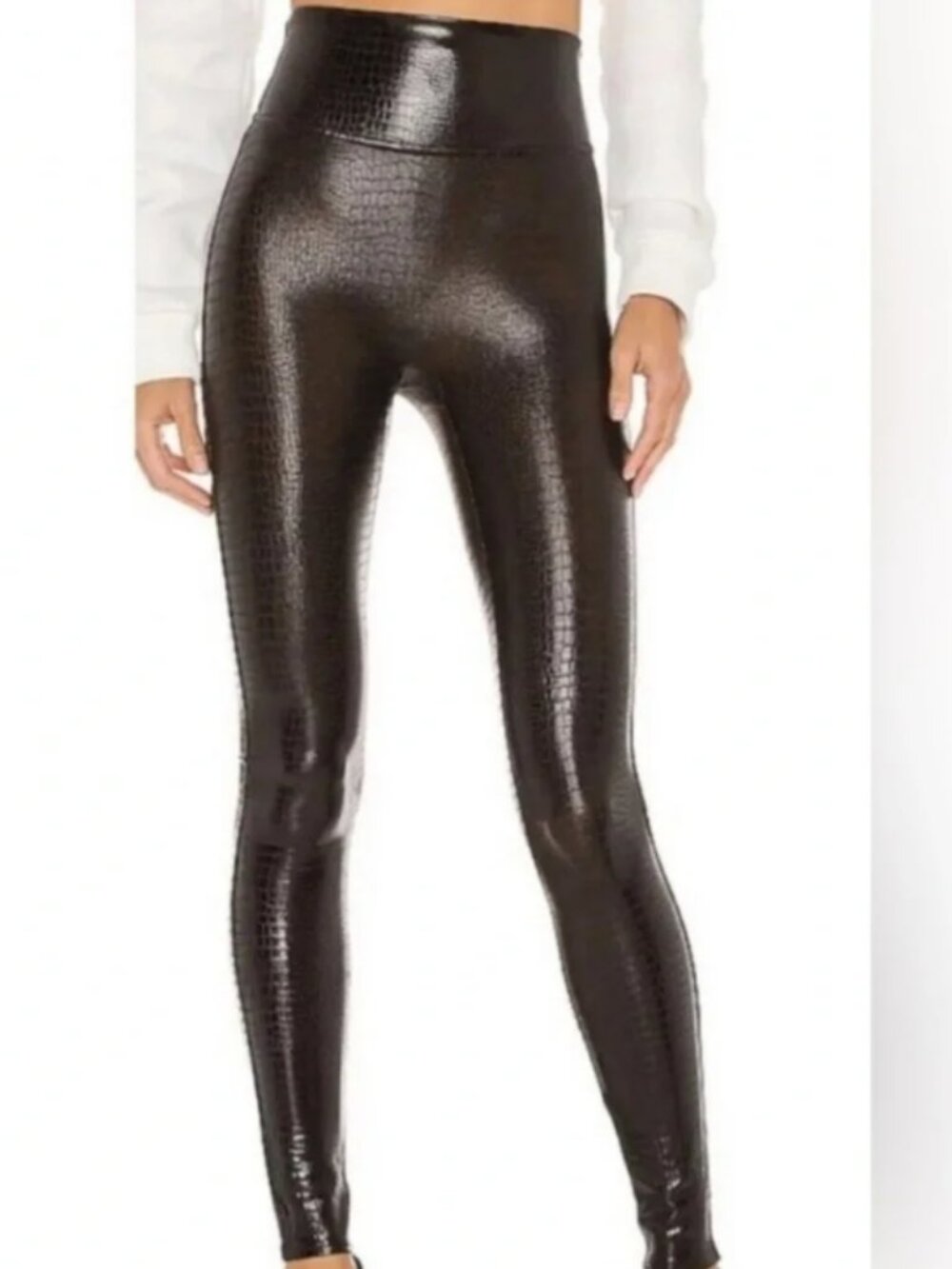 SPANX Brown Faux Leather Croc Leggings Small High Rise Animal Embossed Pants